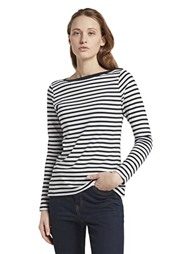 TOM TAILOR Denim 1023950 Striped Longsleeve Camiseta, 25924-Rayas Blancas y Marinas, L para Mujer
