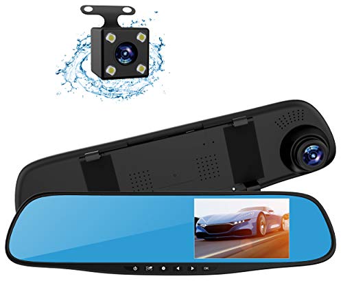 Topsale-ycld 4.3"1080P Dual Lens Car Auto DVR Mirror Dash CAM Recorder + Kit de cámara de visión Trasera