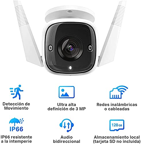 TP-Link TAPO C310 - Camara Vigilancia WiFi Exterior Interior,Resolución 3MP, IP66 con Visión Nocturna, Detección de Movimiento y Alarma Instantánea, Control con App IOS, Android, Compatible con Alexa