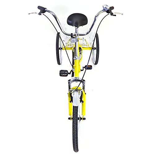 Triciclo para adultos de 20 pulgadas, 3 ruedas, con cesta, altura ajustable, para adultos, triciclo plegable, para compras, deportes al aire libre, urbano, color amarillo