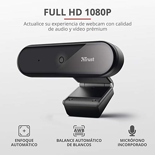 Trust Tyro Webcam con Microfono PC Full HD 1080p (USB, Enfoque Automático, Videollamadas, Grabación, Conferencias, Skype, Hangouts, Teams, Zoom) Negro