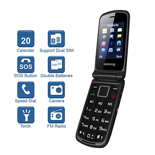 Ukuu 3G Teléfono Móvil con Tapa para Personas Mayores Dual SIM, Pantalla de 2,4 Pulgadas Teclas Grandes con SOS Botón, Cámara, Radio FM, Batería de 900 mAh Fácil de Usar para Ancianos - Negro