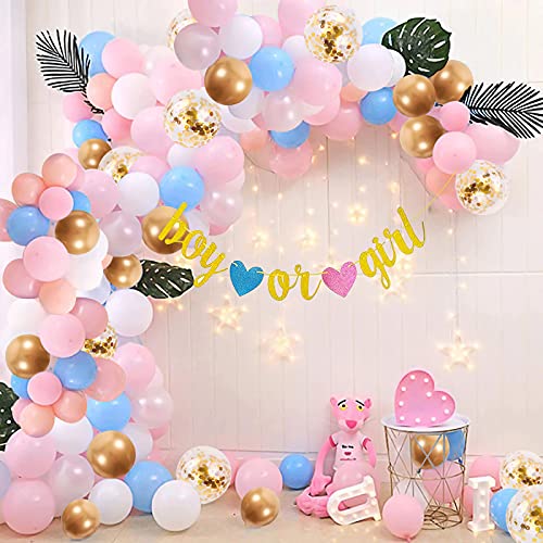 Unisun 104 piezas azul rosa blanco decoración de revelación de género globos arco guirnalda con pancarta de niño o niña confeti dorado globo metálico para baby shower fiesta de cumpleaños