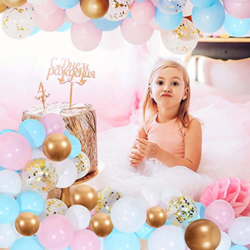 Unisun 104 piezas azul rosa blanco decoración de revelación de género globos arco guirnalda con pancarta de niño o niña confeti dorado globo metálico para baby shower fiesta de cumpleaños