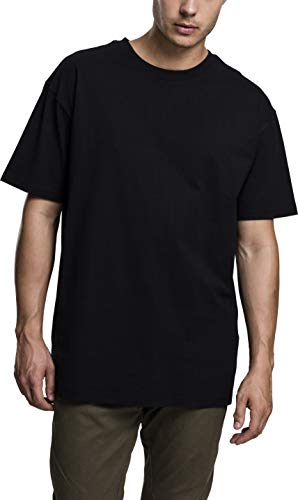 URBAN CLASSICS Camiseta básica de manga corta, cuello redondo normal, de algodón grueso, largo normal, oversized, de hombre, moderna, color negro, talla XXL