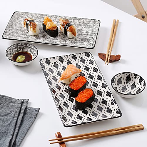 vancasso serie Haruka Juego de Sushi 6 Piezas, 2 Platos para Sushi, 2 pequeños Platos de Salsas, 2 Pares de Palillos Madera, Estilo Japonés Pintada a Mano Vajillas