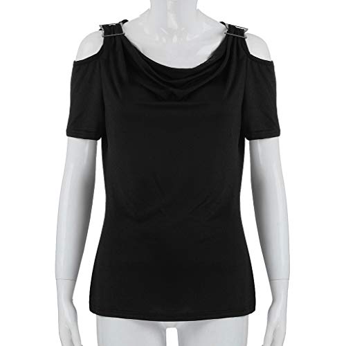 VEMOW Camisetas Camisa Casual con Cuello drapeado de Manga Corta para Mujer Camiseta de Manga Corta(Negro,S)