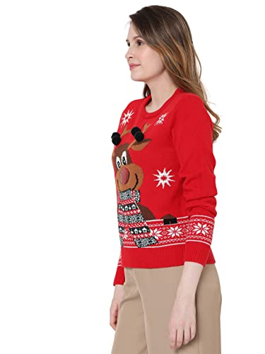 Vero Moda Suéter navideño con reno y aplicaciones en relieve., rojo, XS