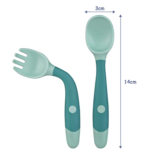 Vicloon 4pcs Cuchara y Tenedor para Bebé con Mango Flexible, Juego de Cuchara de Silicona para Entrenamiento,Adecuada para Bebés para 6 Meses + （Verde y Amarillo）
