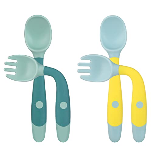 Vicloon 4pcs Cuchara y Tenedor para Bebé con Mango Flexible, Juego de Cuchara de Silicona para Entrenamiento,Adecuada para Bebés para 6 Meses + （Verde y Amarillo）