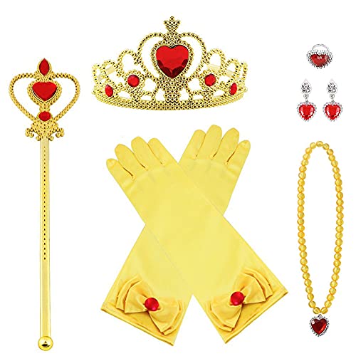 Vicloon 7Pcs Princesa Vestir Accesorios Regalo Conjunto de Belleza Corona Sceptre Collar Guantes para Niña - Amarillo