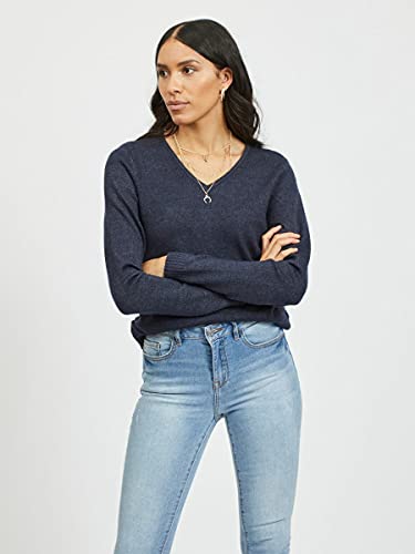 Vila Clothes Viril L/s V-Neck Knit Top-Noos suéter, Azul (Total Eclipse Detail:Melange), 38 (Talla del Fabricante: Medium) para Mujer