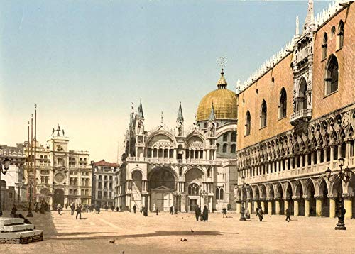 Vintage Travel Italy 'Clock Tower, St. Mark's and Doges' Palace, Piazzetta di San Marco, Venecia', Circa. 1890-1910, Reproducción 200gsm A3 Vintage Travel Photography Poster