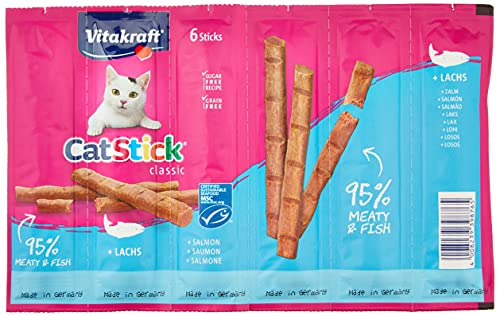 Vitakraft Cat-Stick - Golosinas para Gatos, pequeñas, de salmón, Lote de 10 Bolsas de 6 Barras