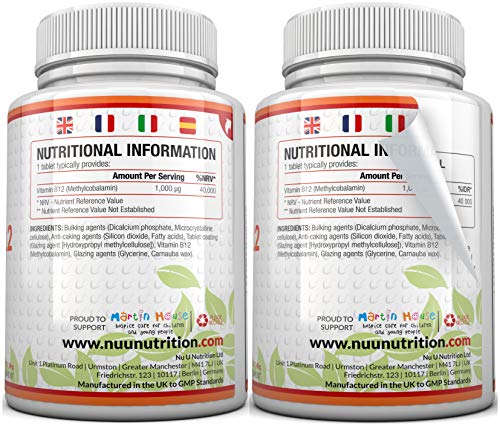 Vitamina B12 1000 μg - B12 Metilcobalamina de Alta Potencia - 180 Comprimidos Vegetarianos y Veganos (Suministro Para 6 Meses) - Fabricado en el Reino Unido por Nu U Nutrition