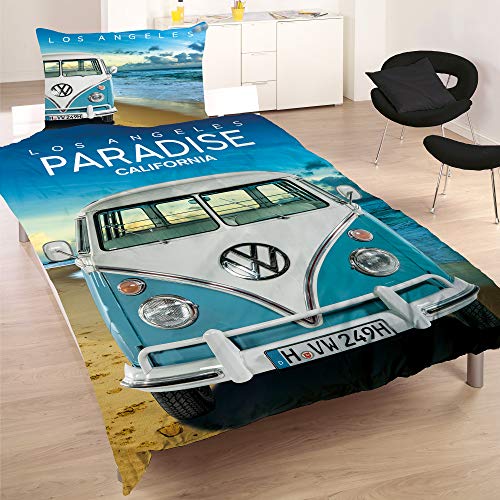 Volkswagen Bulli Paradise - Juego de ropa de cama (135 x 200 cm + 80 x 80 cm, Volkswagen Bus T1, 100% algodón, renforcé, calidad de linón retro, Los Angels California, reversible, con cremallera)