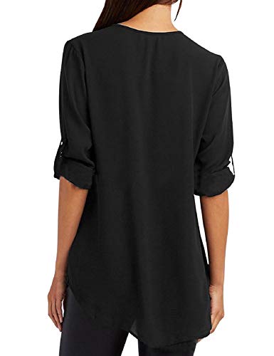 Voqeen Blusa de Mujer Camisetas de Gasa Tops Cremallera Manga Corta Blusas Cuello en V Ropa (Negro, M)