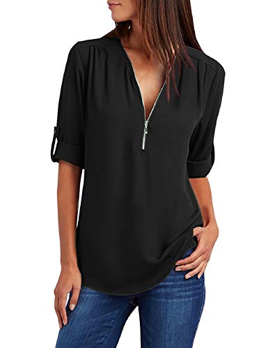 Voqeen Blusa de Mujer Camisetas de Gasa Tops Cremallera Manga Corta Blusas Cuello en V Ropa (Negro, M)