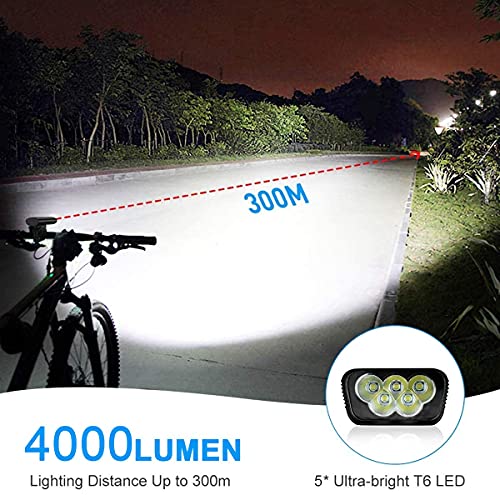 Wasafire Luces de Bicicleta, 4000 Lúmenes 5 LED 9500 mAh 6 Horas de Tiempo de Trabajo Faro de Bicicleta, 4 Modos Luces Delanteras de Bicicleta de Montaña de Carretera Impermeables