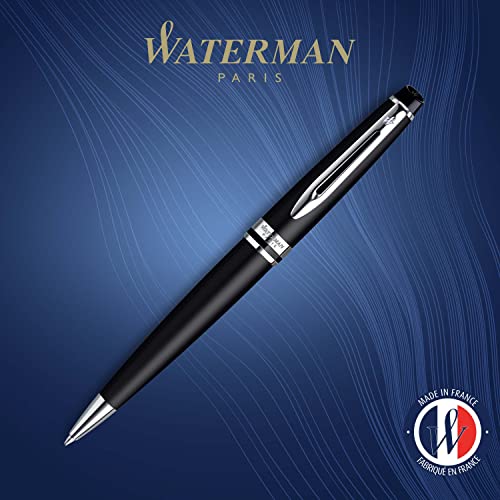 Waterman Expert bolígrafo, con adorno cromado, punta media con cartucho de tinta azul, estuche de regalo, color negro mate