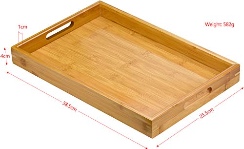 Winfred Bandeja de Bambú Bamboo Trays Wooden Serving Tea Breakfast Platter With Handles(38,5*25,5*4CM)