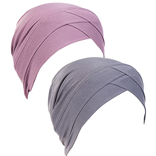 Xiangmall 2 Piezas Sombrero de Quimio Slouchy Beanie Elástico Pañuelo la Cabeza Turbante Oncologicos para Mujer Cáncer Pérdida de Pelo (Gris y Morado Claro)