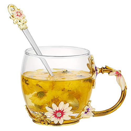 Xsayjia Mariposa Rosa/Crisantemo Copa de té de Flores Esmaltes de Vidrio Artesanal Tazas para Mujeres, Esposa, Madre, Maestra,día de la Madre, San Valentín(320ML de crisantemo)