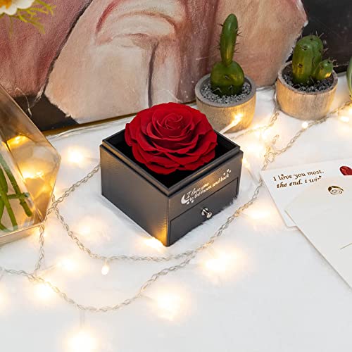 Yamonic Rosa Eterna Real con Collar y Pendientes en una Caja de Regalo, Regalos románticos para Ella en el día de San Valentín Aniversario Navidad Regalos para Mujeres, Tinto