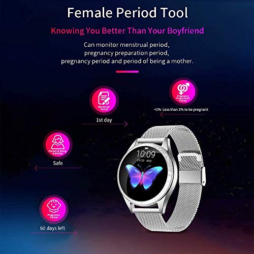 Yocuby Reloj Inteligente Mujer, Reloj Inteligente Bluetooth Fitness Tracker con IP68 Impermeable/Herramienta de período Femenino/SMS Llamada NOTIFICACIÓN/Monitor de Ritmo cardíaco del sueño(Plata)