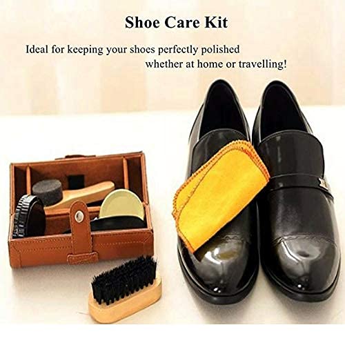YUET Kit de limpieza de zapatos para cuidado de cuero marrón y negro con cepillo de pulido, estuche de viaje de lujo premium suave cerdas de crin de c