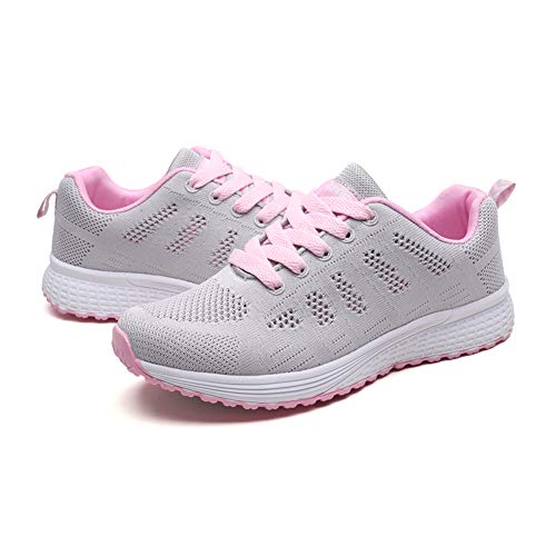 Zapatillas Deportivas Mujer Sneakers Zapatos para Correr para Niña Mujeres Running Zapatos Casuales de Mujer Ligero Respirable Atarse Rosa Gris Talla 44