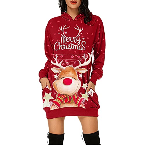 Zilosconcy Sudadera Mujer Moda Navidad Alce Estampado Vestido Suéter Camiseta Mujer Manga Larga Abrigo con Capucha Sudaderas Adolescentes Chicas Vestido con Bolsillo