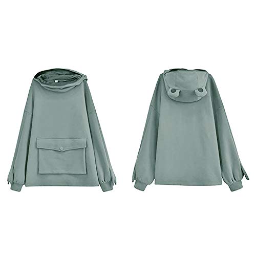 ZS ZHISHANG Frog Winter Fleece Hoodies Warm Thick Loose Oversized Sweatshirt Hooded Pullover Soft Teens (S, Dark Green)