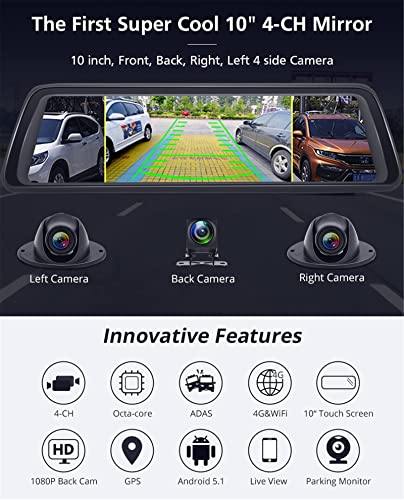 10" Dash CAM 4G Touch Screen 4 Cams Streaming Video ADAS GPS Navigation Car Vehicle Dash Camera DVR Rear View Mirror with Loop Recording G-Sensor