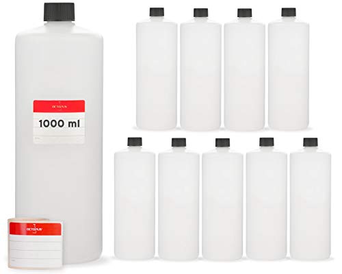 10 x Botellas de plástico de 1000 ml, HDPE, 1 litro botellas redondas con tapas roscadas o tapas roscadas negras, botellas vacías con un tamaño de rosca de 25 mm, incl. etiquetas de etiquetado