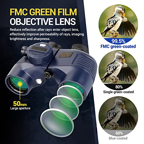 10X50 Prismáticos Marinos para Adultos Impermeable con Brújula Brújula BAK4 a Prueba de Niebla Prism Lens Binocular Militar para Navegación Observación de Aves y Caza