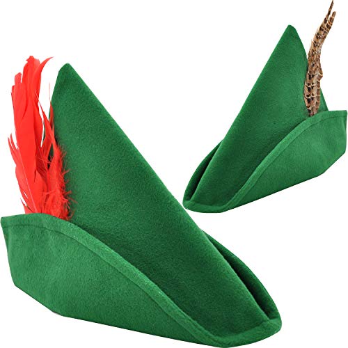 2 Gorros de Fieltro de Halloween con Plumas Sombreros de Robin Hood Peter Pan para Adultos, Talla Única, Disfraz de Halloween