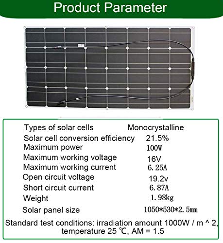 200w Panel Solar Flexible 2 * 100W 12V Módulo Solar Fotovoltaico Monocristalino Ultra Ligero Impermeable Cargador Solar para Autocaravana, Techo, Caravana, Barco y Superficies Desparejas(2 * 100W)