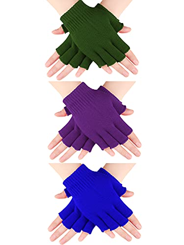 3 Guantes sin Dedo de Invierno Punto (Púrpura, Azul, Verde Militar)
