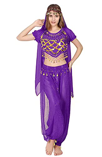 3Pcs Mujeres Danza del Vientre, Ropa India Lentejuelas para Disfraz de Princesa, Conjunto de Bailando Top Pantalones de Linterna y Cadena de la Cabeza Barbijo (Morado)