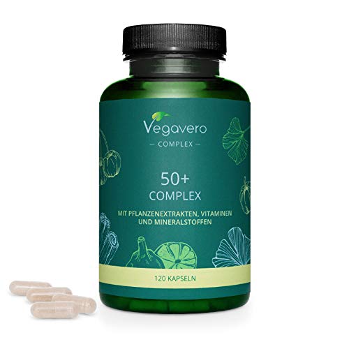 50 Plus Complex Vegavero® | Ajo Negro + Magnesio + B12 Vitamina + Ginkgo + Calcio + Vitamina C | Bienestar Senior | Mujeres & Hombres Mayores de 50 Años | Natural | Sin Aditivos | 120 Cápsulas