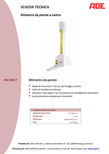 ADE MZ10017 Cinta métricas de pared, Medidor de altura portátil, Altimetro con metro de metal longitud 220 cm