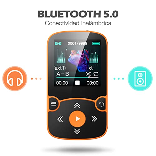 AGPTEK 32GB Clip Reproductor MP3 Deportivo Bluetooth 5.0, HiFi MP3 Player Portátil sin Pérdida, Radio FM, Podómetro Inteligente, Fotos, Soporta hasta 128 GB, Nanranja