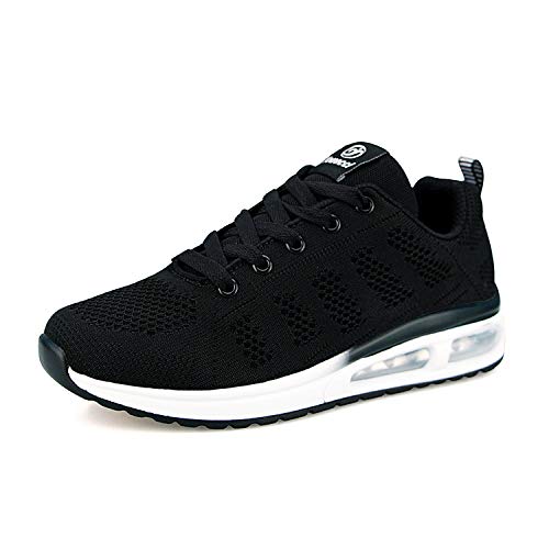 Air Zapatillas de Running para Mujer Zapatos de Fitness Gimnasia Ligero Sneakers Malla para Correr y Asfalto Aire Libre Deportes,Calzado Transpirable con Cordones(Negro, 40 EU)