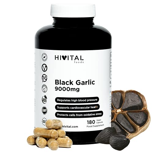 Ajo Negro 9000 mg. 180 cápsulas veganas para 6 meses. Extracto de Ajo Negro SIN OLOR Allium Sativum. Antioxidante Natural para la tensión y la salud cardiovascular