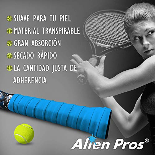 Alien Pros Cinta de Agarre para Raqueta de Tenis (6 agarres) - Agarre de Tenis precortado y Ligero TAC Feel - Envuelva su Raqueta para un Alto Rendimiento (6 agarres, Azul)