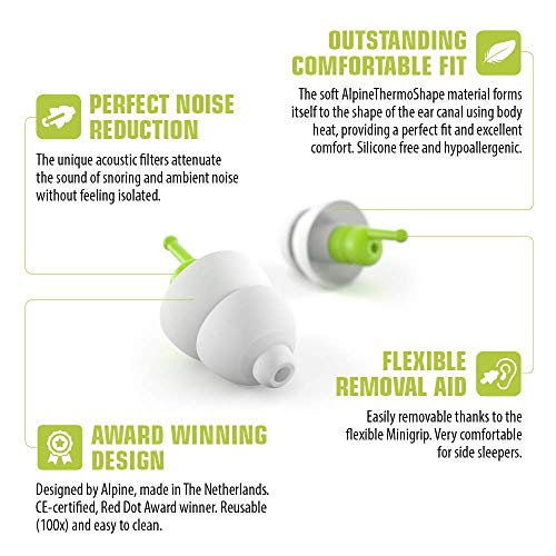 Alpine SleepSoft Tapones para los oídos para dormir - Bloquea los ronquidos y mejora el sueño - Filtros suaves diseñados para dormir - Material hipoalergénico cómodo - Tapones reutilizables