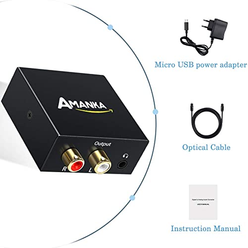 AMANKA Convertidor Digital a Analógico, DAC Audio Óptico Coaxial(RCA) Toslink SPDIF a Audio Estéreo R/L + Jack 3.5mm con Cable Óptico