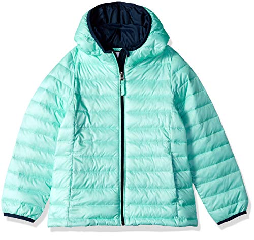 Amazon Essentials Hooded Puffer Jacket Down-Alternative-Outerwear-Coats, Aqua Splash with Navy Contrast, Large
