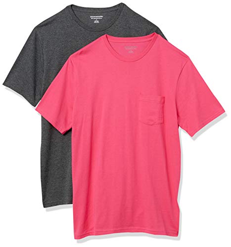 Amazon Essentials Pack de 2 Camisetas Ajustadas con Bolsillo y Cuello Redondo Fashion-t-Shirts, Rosa Intenso/Carbón Mezcla, XS
